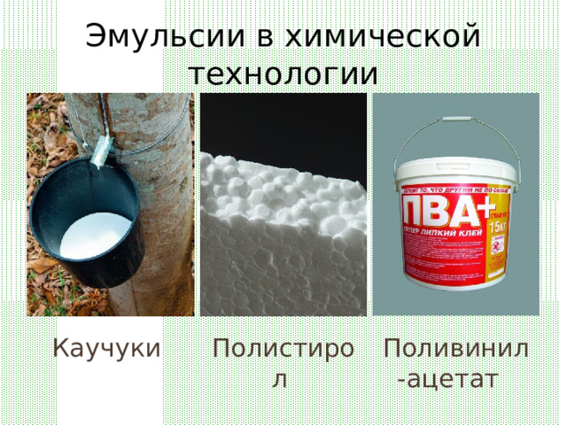 Эмульсии в химической технологии Каучуки Поливинил-ацетат Полистирол 