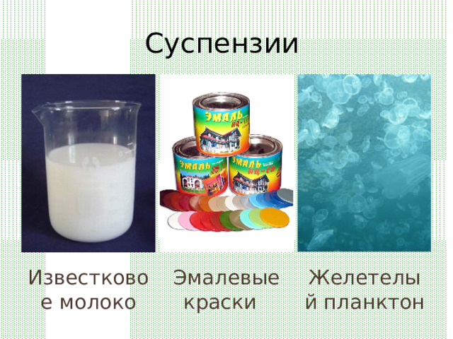 Суспензии Известковое молоко Желетелый планктон Эмалевые краски 