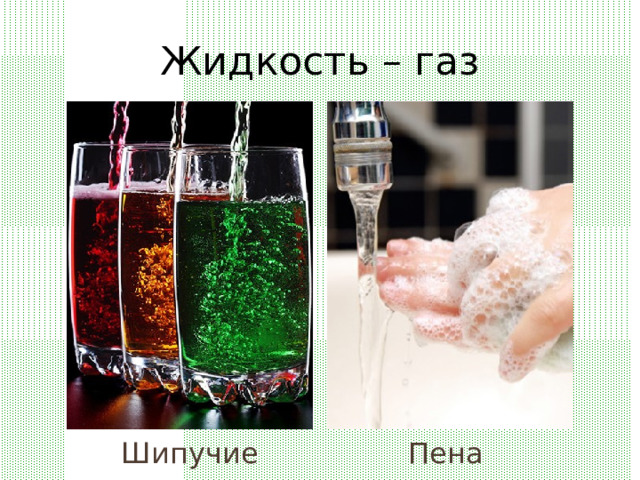 Жидкость – газ Пена Шипучие напитки 