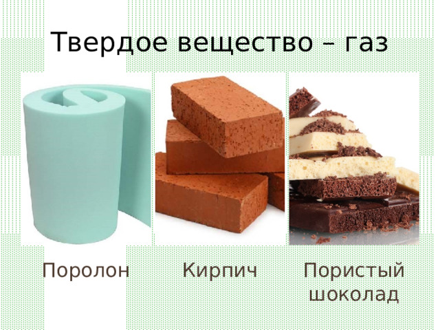 Твердое вещество – газ Поролон Пористый шоколад Кирпич 