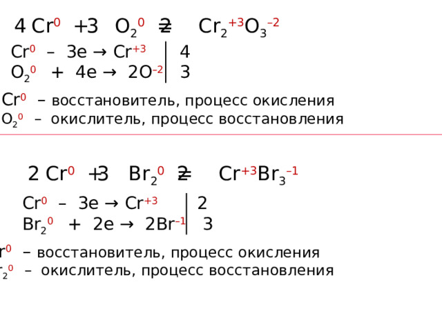 4  Cr 0 + O 2 0  = Cr 2 +3 O 3 –2 2 3 Cr 0 – 3e → Cr +3  4 O 2 0  + 4e → 2O –2  3 Cr 0 – восстановитель, процесс окисления O 2 0 – окислитель, процесс восстановления 2 3 2  Cr 0 + Br 2 0  = Cr +3 Br 3 –1 Cr 0 – 3e → Cr +3  2 Br 2 0  + 2e → 2Br –1  3 Cr 0 – восстановитель, процесс окисления Br 2 0 – окислитель, процесс восстановления 