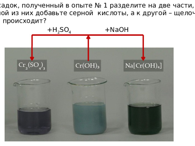  Осадок, полученный в опыте № 1 разделите на две части, к одной из них добавьте серной кислоты, а к другой – щелочь. Что происходит? +H 2 SO 4 +NaOH 