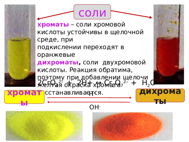 соли хроматы – соли хромовой кислоты устойчивы в щелочной среде, при подкислении переходят в оранжевые дихроматы , соли двухромовой кислоты. Реакция обратима, поэтому при добавлении щелочи желтая окраска хромата восстанавливается. 2CrO 4 2– + 2H+ ↔ Cr 2 O 7 2– + H 2 O Н + дихроматы хроматы ОН – 