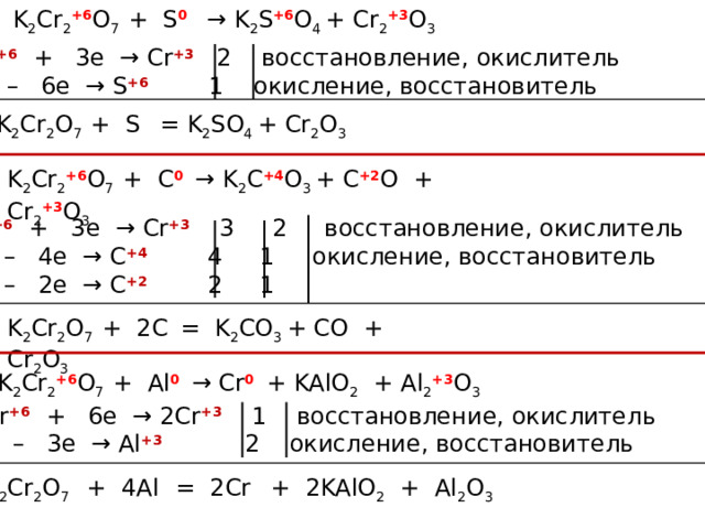 K 2 Cr 2 +6 O 7 + S 0   → K 2 S +6 O 4 + Cr 2 +3 O 3  Cr +6  + 3e → Cr +3 2 восстановление, окислитель S 0 – 6e → S +6 1 окисление, восстановитель K 2 Cr 2 O 7 + S  = K 2 SO 4 + Cr 2 O 3  K 2 Cr 2 +6 O 7 + С 0   → K 2 С +4 O 3 + С +2 О + Cr 2 +3 O 3  Cr +6  + 3e → Cr +3 3 2 восстановление, окислитель С 0 – 4e → С +4 4 1 окисление, восстановитель С 0 – 2e → С +2 2 1 K 2 Cr 2 O 7 + 2С  = K 2 СO 3 + СО + Cr 2 O 3  K 2 Cr 2 +6 O 7 + Al 0   → Cr 0  + KAlO 2 + Al 2 +3 O 3  2Cr +6  + 6e → 2Cr +3 1 восстановление, окислитель Al 0 – 3e → Al +3 2 окисление, восстановитель K 2 Cr 2 O 7 + 4Al  = 2Cr  + 2KAlO 2 + Al 2 O 3  