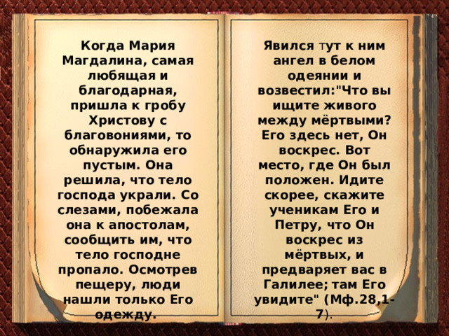 Явился т ут к ним ангел в белом одеянии и возвестил: