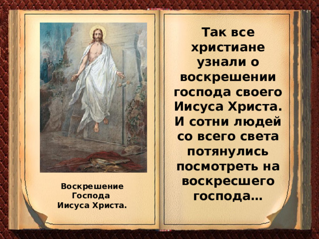 Так все христиане узнали о воскрешении господа своего Иисуса Христа. И сотни людей со всего света потянулись посмотреть на воскресшего господа… Воскрешение Господа Иисуса Христа. 