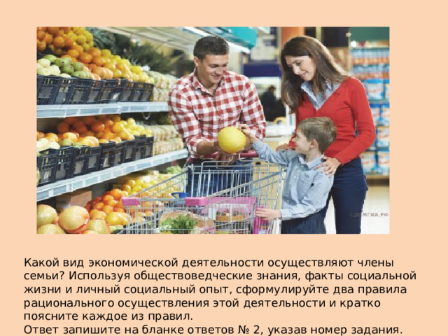 Какой вид экономической деятельности осуществляют члены семьи? Используя обществоведческие знания, факты социальной жизни и личный социальный опыт, сформулируйте два правила рационального осуществления этой деятельности и кратко поясните каждое из правил. Ответ запишите на бланке ответов № 2, указав номер задания. 