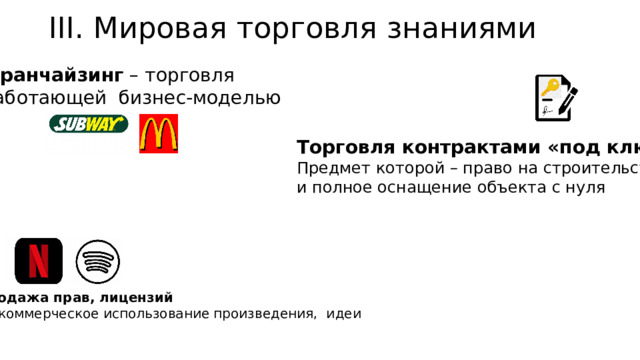 III. Мировая торговля знаниями Франчайзинг – торговля работающей бизнес-моделью  Торговля контрактами «под ключ», Предмет которой – право на строительство и полное оснащение объекта с нуля Продажа прав, лицензий на коммерческое использование произведения, идеи 