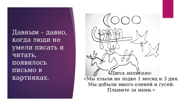 Давным – давно, когда люди не умели писать и читать, появилось письмо в картинках. Здесь написано:  «Мы плыли на лодке 1 месяц и 3 дня. Мы добыли много оленей и гусей. Плывите за нами.» 