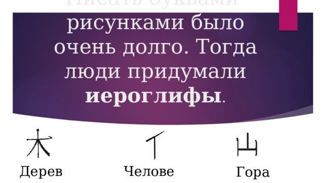 Писать буквами-рисунками было очень долго. Тогда люди придумали иероглифы . Человек Дерево Гора 