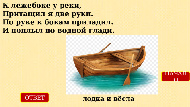 К лежебоке у реки,  Притащил я две руки.  По руке к бокам приладил.  И поплыл по водной глади. НАЧАЛО ОТВЕТ лодка и вёсла 