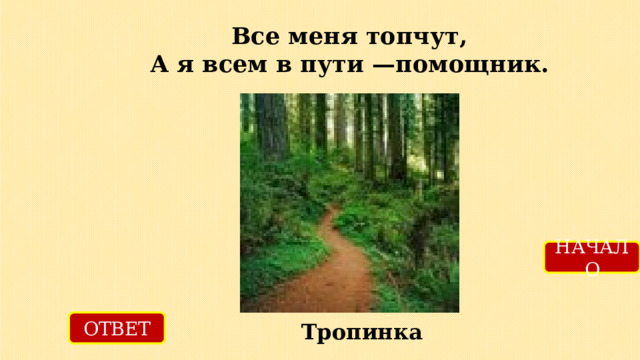 Все меня топчут,  А я всем в пути —помощник.   НАЧАЛО ОТВЕТ Тропинка 