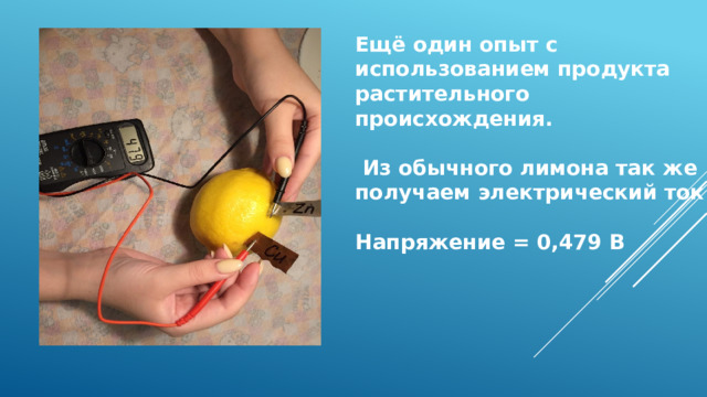 Ещё один опыт с использованием продукта растительного происхождения.   Из обычного лимона так же получаем электрический ток  Напряжение = 0,479 В 