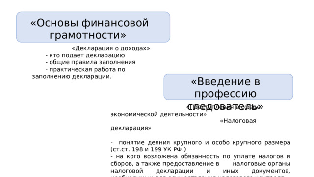 «Основы финансовой грамотности»  «Декларация о доходах»  - кто подает декларацию  - общие правила заполнения  - практическая работа по заполнению декларации. «Введение в профессию следователь»  «Преступления в сфере экономической деятельности»  «Налоговая декларация» - понятие деяния крупного и особо крупного размера (ст.ст. 198 и 199 УК РФ.) - на кого возложена обязанность по уплате налогов и сборов, а также предоставление в налоговые органы налоговой декларации и иных документов, необходимых для осуществления налогового контроля. 