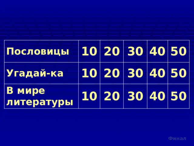 Пословицы 10 Угадай-ка 10 20 В мире литературы 30 10 20 30 40 20 40 50 30 50 40 50 Финал 