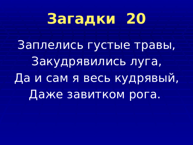 Загадки 20 Заплелись густые травы, Закудрявились луга, Да и сам я весь кудрявый, Даже завитком рога.  