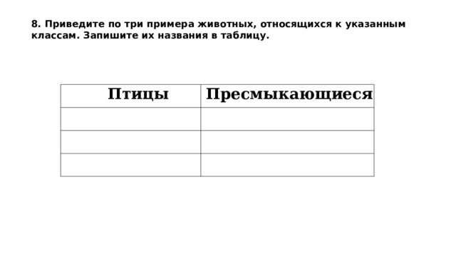 8. Приведите по три примера животных, относящихся к указанным классам. Запишите их названия в таблицу.  Птицы Пресмыкающиеся             