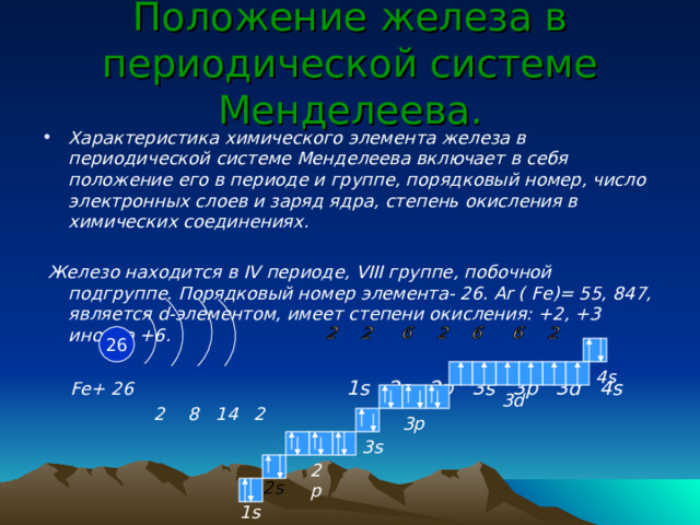 Положение железа в периодической системе Менделеева. Характеристика химического элемента железа в периодической системе Менделеева включает в себя положение его в периоде и группе, порядковый номер, число электронных слоев и заряд ядра, степень окисления в химических соединениях.   Железо находится в IV периоде, VIII группе, побочной подгруппе. Порядковый номер элемента- 26. Ar ( Fe)= 55 , 847, является d- элементом, имеет степени окисления: +2, +3 иногда +6.   Fe + 26 1 s 2s 2p 3s 3p 3d 4s  2 8 14 2    26 4s 3d 3p 3s  2p 2s 1 s 