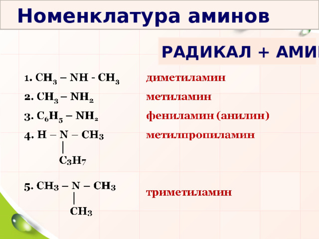   Номенклатура аминов РАДИКАЛ + АМИН 