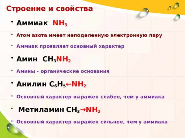 Строение и свойства Аммиак  NH 3  Атом азота имеет неподеленную электронную пару   Аммиак проявляет основный характер  Амин CH 3 NH 2   Амины - органические основания  Анилин C 6 H 5 ←NH 2  Основный характер выражен слабее, чем у аммиака   Метиламин  CH 3 →NH 2   Основный характер выражен сильнее, чем у аммиака  