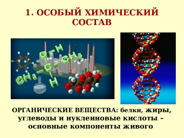 1. ОСОБЫЙ ХИМИЧЕСКИЙ СОСТАВ  ОРГАНИЧЕСКИЕ ВЕЩЕСТВА: белки, жиры, углеводы и нуклеиновые кислоты – основные компоненты живого 