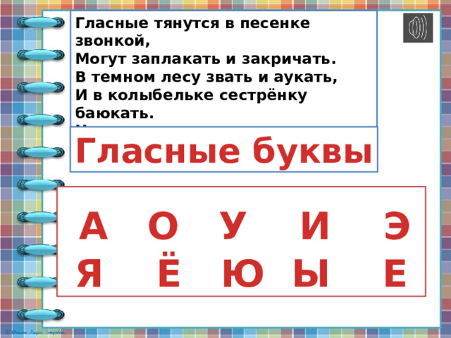 Гласные тянутся в песенке звонкой, Могут заплакать и закричать. В темном лесу звать и аукать, И в колыбельке сестрёнку баюкать. Но не желают свистеть и ворчать. Гласные буквы  А О У И Э  Я Ё Ю Ы Е 