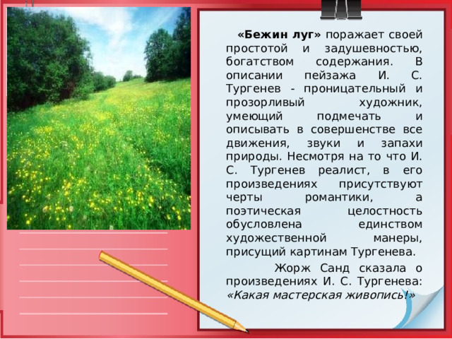  «Бежин луг»  поражает своей простотой и задушевностью, богатством содержания. В описании пейзажа И. С. Тургенев - проницательный и прозорливый художник, умеющий подмечать и описывать в совершенстве все движения, звуки и запахи природы. Несмотря на то что И. С. Тургенев реалист, в его произведениях присутствуют черты романтики, а поэтическая целостность обусловлена единством художественной манеры, присущий картинам Тургенева.  Жорж Санд сказала о произведениях И. С. Тургенева: «Какая мастерская живопись!»  