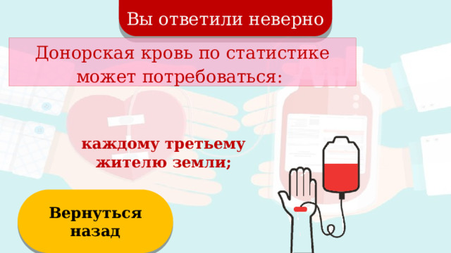Вы ответили неверно Донорская кровь по статистике может потребоваться: каждому третьему жителю земли; Вернуться назад  