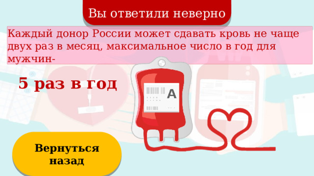 Вы ответили неверно Каждый донор России может сдавать кровь не чаще двух раз в месяц, максимальное число в год для мужчин- 5 раз в год Вернуться назад  