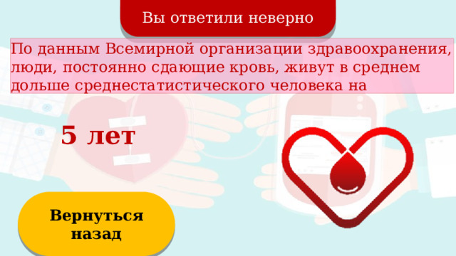 Вы ответили неверно По данным Всемирной организации здравоохранения, люди, постоянно сдающие кровь, живут в среднем дольше среднестатистического человека на 5 лет Вернуться назад  