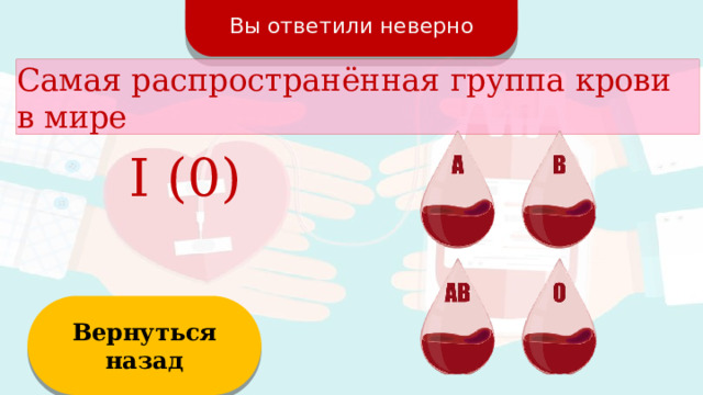 Вы ответили неверно Самая распространённая группа крови в мире I (0) Вернуться назад  