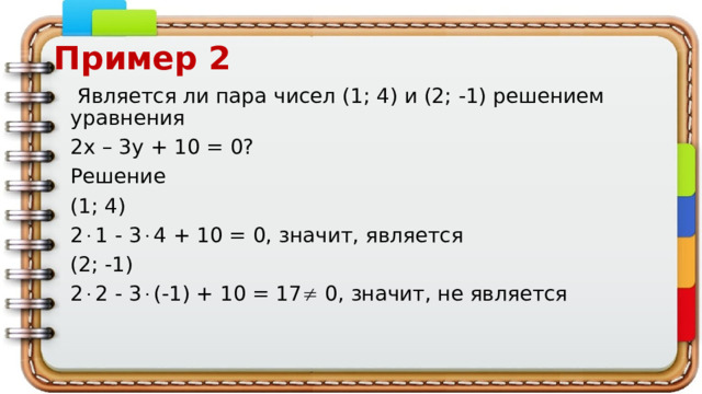 Пример 2  Является ли пара чисел (1; 4) и (2; -1) решением уравнения 2x – 3y + 10 = 0? Решение (1; 4) 2  1 - 3  4 + 10 = 0, значит, является (2; -1) 2  2 - 3  (-1) + 10 = 17  0, значит, не является 