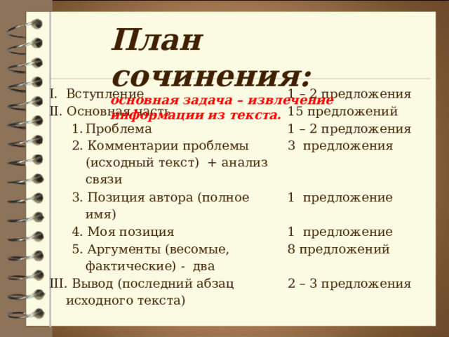 План сочинения: основная задача – извлечение информации из текста.  Вступление 1 – 2 предложения II. Основная часть 15 предложений Проблема Проблема 1 – 2 предложения 2. Комментарии проблемы (исходный текст) + анализ связи 2. Комментарии проблемы (исходный текст) + анализ связи 3 предложения 3. Позиция автора (полное имя) 3. Позиция автора (полное имя) 4. Моя позиция 4. Моя позиция 1 предложение 1 предложение 5. Аргументы (весомые, фактические) - два 5. Аргументы (весомые, фактические) - два 8 предложений III . Вывод (последний абзац исходного текста) 2 – 3 предложения 