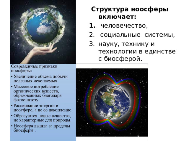  Структура ноосферы включает:  человечество,  социальные системы, науку, технику и технологии в единстве с биосферой .  