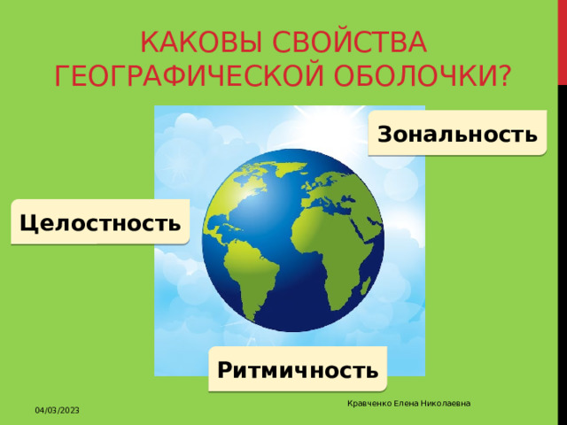 Каковы свойства географической оболочки? Зональность Целостность Ритмичность 04/03/2023 Кравченко Елена Николаевна 