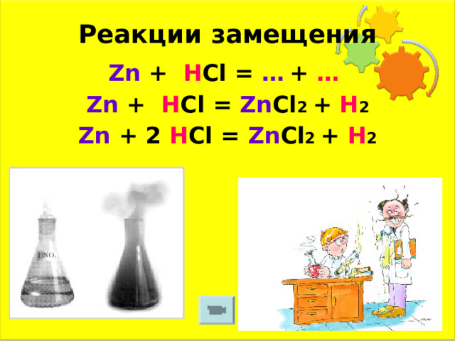 Реакции замещения Zn + H Cl = …  + …  Zn + H Cl = Zn Cl 2 + H 2 Zn + 2 H Cl = Zn Cl 2 + H 2 