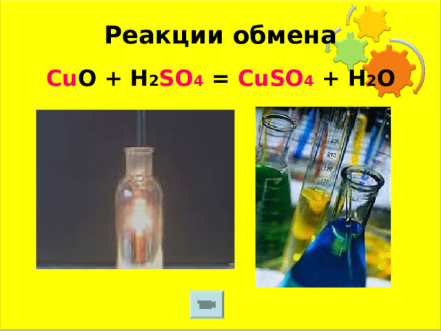 Реакции обмена Cu O + H 2 SO 4 = CuSO 4 + H 2 O 