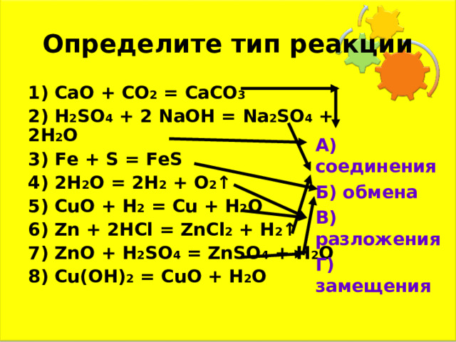 Определите тип реакции А) соединения Б) обмена В) разложения Г) замещения 1) CaO + CO 2  = CaCO 3 2) H 2 S O 4 + 2 NaOH = Na 2 S O 4 + 2 H 2 O 3) Fe + S = FeS 4) 2H 2 O = 2 H 2 + O 2 ↑ 5) CuO + H 2  = Cu + H 2 O 6) Zn + 2HCl = ZnCl 2 + H 2 ↑ 7) ZnO + H 2 SO 4  = ZnSO 4 + H 2 O 8) Cu(OH) 2  = CuO + H 2 O  