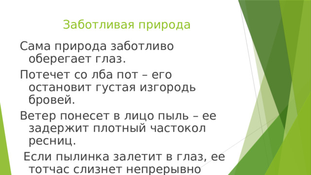 Заботливая природа Сама природа заботливо оберегает глаз. Потечет со лба пот – его остановит густая изгородь бровей. Ветер понесет в лицо пыль – ее задержит плотный частокол ресниц.  Если пылинка залетит в глаз, ее тотчас слизнет непрерывно мигающее веко. Ну, если уж природа заботится о нас, то мы и сами должны заботиться о своем здоровье. 