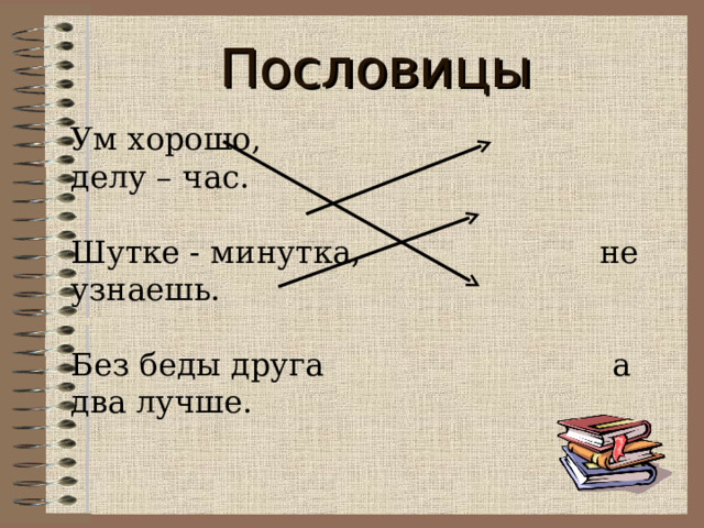 Пословицы Ум хорошо, делу – час. Шутке - минутка, не узнаешь. Без беды друга а два лучше. 