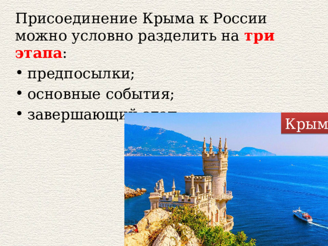 Присоединение Крыма к России можно условно разделить на три этапа : предпосылки; основные события; завершающий этап. Крым 