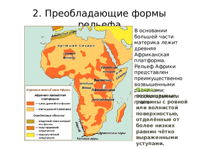 Преобладающие формы рельефа Африки. Карта рельефа Африки. Африка образ материка. Древняя платформа африки