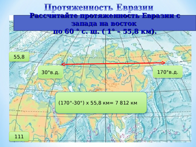 Рассчитайте протяженность Евразии с запада на восток по 60 ° с. ш. ( 1 ° – 55,8 км). 55,8 30°в.д. 170°в.д. (170°-30°) х 55,8 км= 7 812 км 111 