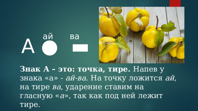 ай ва А ●   ▬ Знак А – это: точка, тире. Напев у знака «а» - ай-ва . На точку ложится ай , на тире ва , ударение ставим на гласную « а », так как под ней лежит тире. 