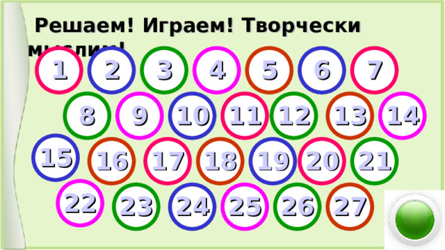  Решаем! Играем! Творчески  мыслим! 6 1 7 5 2 3 4 12 9 8 13 10 11 14 15 18 19 21 20 17 16 22 23 27 25 26 24 