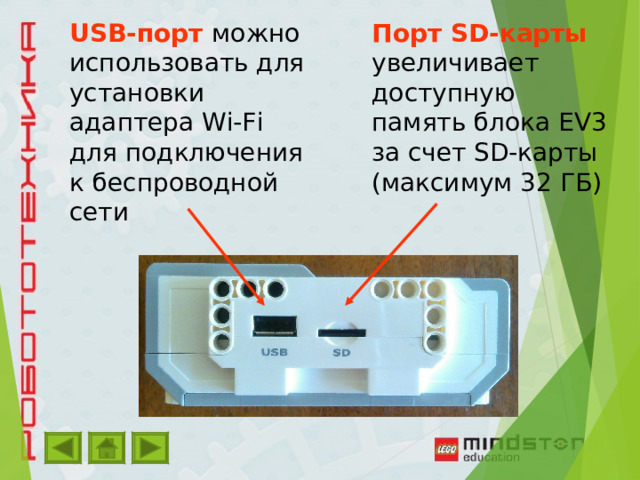 USB-порт можно использовать для установки адаптера Wi-Fi для подключения к беспроводной сети Порт SD-карты  увеличивает доступную память блока EV3 за счет SD-карты (максимум 32 ГБ) 