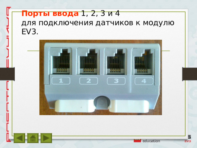 Порты ввода  1, 2, 3 и 4 для подключения датчиков к модулю EV3. 