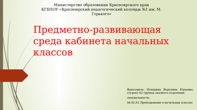 Проект предметно развивающей среды кабинета начальных классов