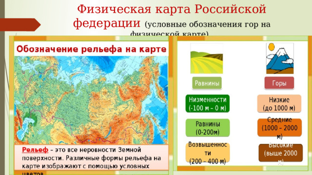 Физическая карта Российской федерации (условные обозначения гор на физической карте). 