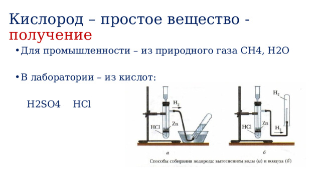 Кислород – простое вещество - получение Для промышленности – из природного газа CH4, H2O В лаборатории – из кислот:  H2SO4 HCl   